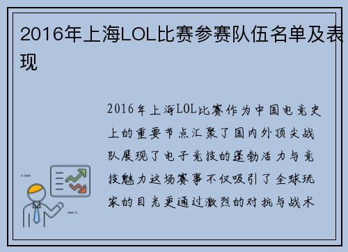 2016年上海LOL比赛参赛队伍名单及表现